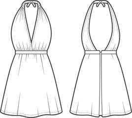 Halter neck sleeveless mini dress CAD drawing flat vector illustration, front and back fashion technical sketch for summer outfit design