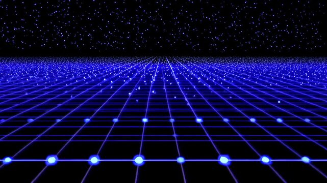 A glowing blue digital grid recedes into a dark horizon under a starry night sky of blue dots