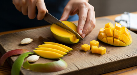 Mango preparation: cutting a fresh mango on a wooden board.