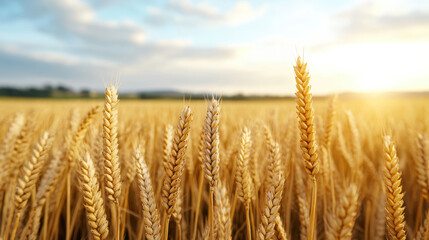 Fototapeta premium Golden wheat ears sway gently in warm morning light, creating calm and serene atmosphere