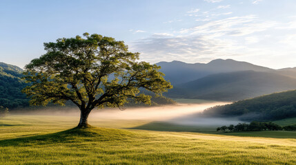 Serene landscape features solitary tree on grassy hill, surrounded by morning mist and mountains