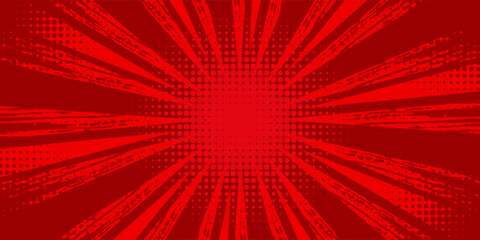 Red comic background. Art pop cartoon book. Halftone dot effect pattern. Sale banner. Anime texture. Sunburst manga style bg. Superhero popart. Gradient color.