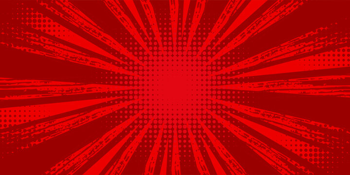 Red comic background. Art pop cartoon book. Halftone dot effect pattern. Sale banner. Anime texture. Sunburst manga style bg. Superhero popart. Gradient color.