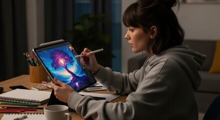 Young woman creating digital art on tablet at home
