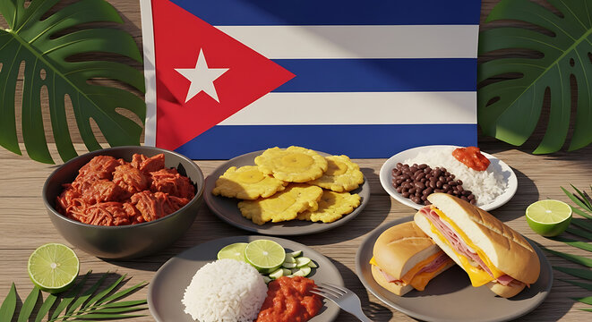 Cuban Flag with Traditional Caribbean Food &ndash; 8K Realistic Vintage Havana Concept