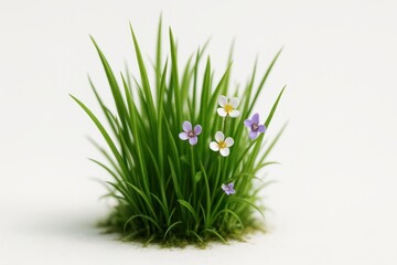 Isolated clump of vibrant green grass with tiny white and purple wildflowers