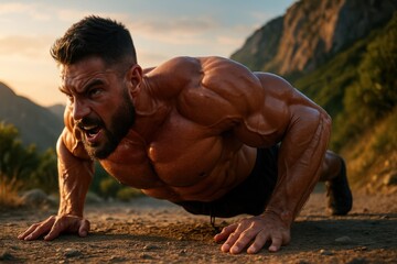 Muscular male athlete performing intense push up outdoors on a dirt path at sunset