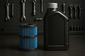 New automotive engine oil filter with blue media next to a black motor oil bottle