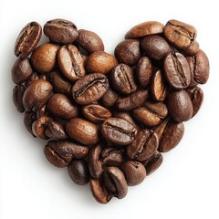 Obraz premium Roasted coffee beans meticulously arranged into a heart shape against a bright white background