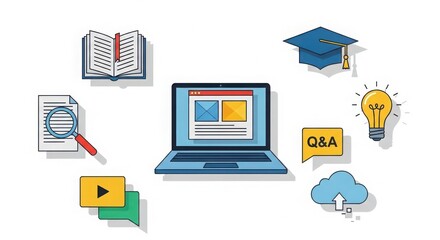 Digital learning and online education concepts with laptop spreadsheet graduation cap lightbulb and cloud icons arranged artistically illustration