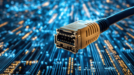 High speed network cable glowing with digital data streams blue light, symbolizing connectivity