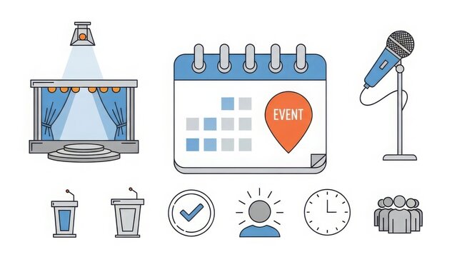 Event planning icons featuring stage calendar microphone podium trash can checkmark idea clock and crowd for meeting conference or presentation graphics illustration