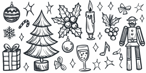 Collection of hand drawn christmas elements including tree ornaments gifts and festive symbols
