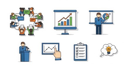 Business meeting presentation icons set showing growth charts ideas and team collaboration for corporate success illustration