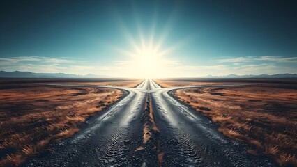 divergence. Conceptual crossroads splitting two paths in a symbolic decision-making scene. wellbeing guides, coaching materials, designed for mental health education and mindfulness programs.