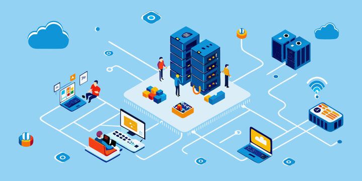 Isometric illustration of a modern data center with servers laptops and people working on cloud technology - Powered by Adobe
