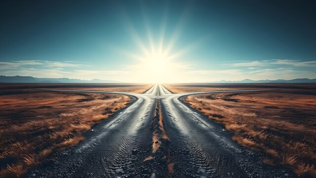 divergence. Conceptual crossroads splitting two paths in a symbolic decision-making scene. wellbeing guides, coaching materials, designed for mental health education and mindfulness programs.