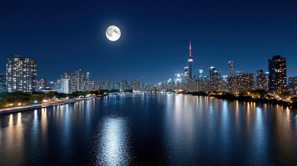 Night view of urban skyline with moonlight reflecting on water, creating peaceful atmosphere