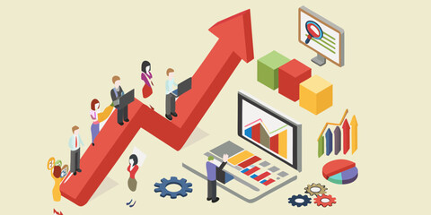 Business team collaborating on growth charts and data analysis with upward trending arrow and isometric graphics