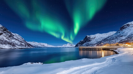 Northern lights illuminate night sky with vibrant green hues over snowy landscape