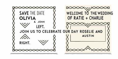 Art deco wedding invitation save the date and welcome card designs with geometric borders
