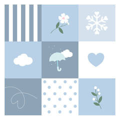Minimalist Winter and Rain Pattern Vector with Blue Pastel Squares and Cute Elements