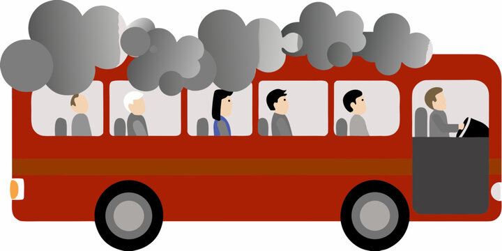 Red bus with passengers and smoke billowing from the roof representing a problem or breakdown