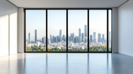 Obraz premium Modern office window view showcases vibrant city skyline with tall buildings and greenery