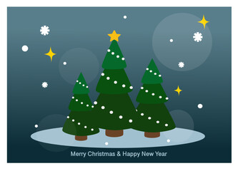 Christmas card: Modern Christmas tree in the snow falls moment in the winter time 