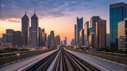 Obraz premium A vibrant city skyline at sunset, showcasing modern skyscrapers and railway tracks, reflecting urban life and architecture.