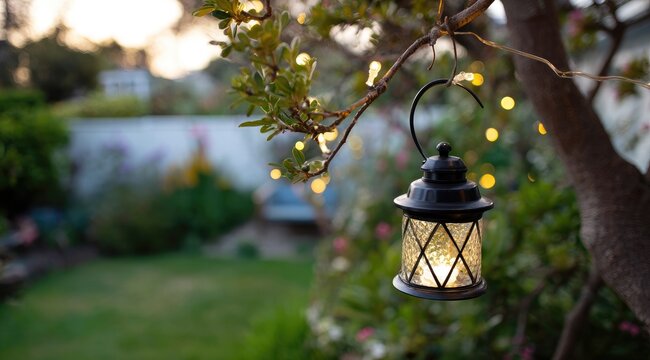 Decorative Lantern Hanging on a Tree in a Garden at Dusk.