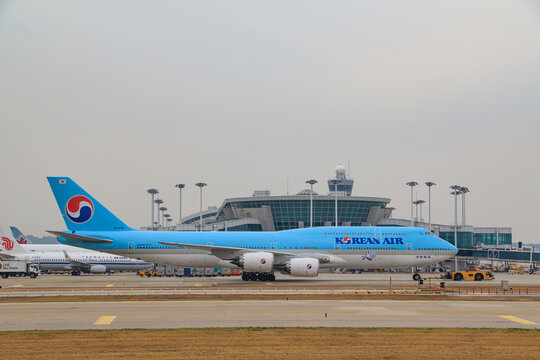 Incheon, Incheon, South Korea - January 20, 2020: A Korean Air Boeing 747-8 passenger aircraft (registration HL7628) taxiing on the taxiway at Incheon International Airport (ICN).