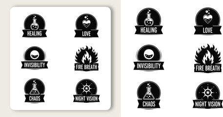 Fantasy potion icons representing healing love invisibility and chaos in a monochrome layout