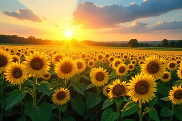 Sun-Drenched Sunflower Field at Golden Hour A Serene Pastoral Scene of Vibrant Yellow Blossoms Stretching to the Horizon, Perfect for Summer Nature and Agriculture Themes.