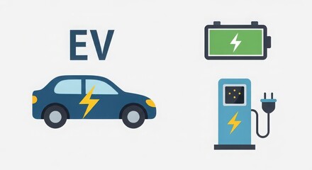 Naklejka premium Electric vehicle charging station with battery icon and ev car symbol representing sustainable transportation and green energy solutions illustration
