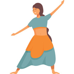 Full Body Illustration of a Young Woman in Traditional Indian Attire Dancing Gracefully with Arms Extended and a Gentle Smile
