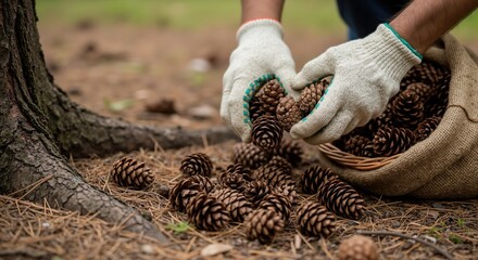 Person in gloves gathering natural pine cones in a forest. Close-up of hands putting cones into a burlap basket. Autumn seasonal harvesting concept