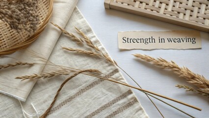 Natural fibers and textures showcase strength in weaving, featuring light tones and organic materials on a serene background