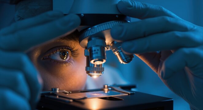 A female scientist looking through a microscope in a dark laboratory. Close-up of an eye analyzing a medical specimen. Scientific research and discovery concept