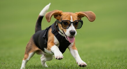A funny beagle puppy wearing glasses running on a green lawn. Cute active dog playing outdoors in a park. Playful and intelligent pet concept