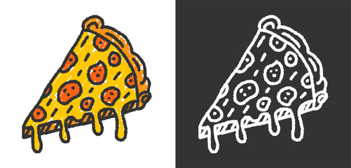 Hand drawn crayon style pizza slice illustration with pepperoni and cheese, perfect for food designs, posters, stickers, and digital artwork