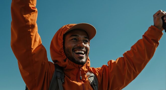 A happy man celebrating success with arms raised while hiking. Joyful hiker achieving a goal on a mountain summit against a clear blue sky