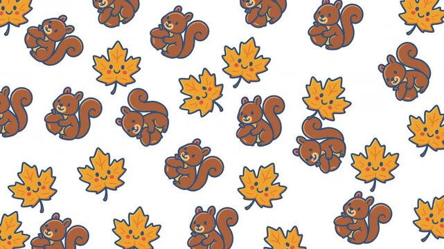 Cute Squirrels and Autumn Leaves Pattern Animation for Fall Season.