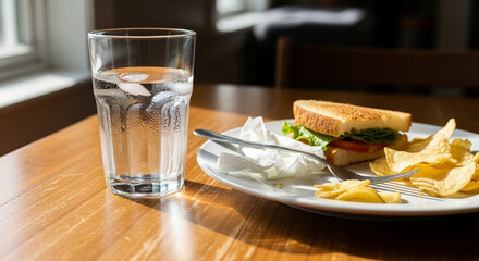 A glass of water with ice sits next to a plate of a sandwich and potato chips on a wooden table.