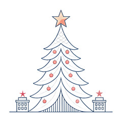Minimalist Elegant Christmas Tree Outline with Star and Ornaments, Vector Illustration for Holidays