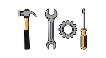 Fototapeta premium Iconic set of essential tools hammer wrench gear and screwdriver for diy repair and mechanical projects illustration