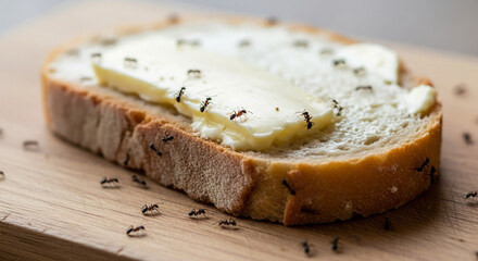 Close-up shot of a slice of bread with butter, covered in ants, on a wooden surface.