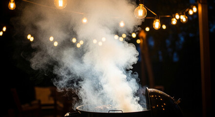 A barbecue smoker billows thick white smoke during a nighttime cookout under warm string lights.