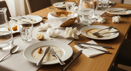 Messy dining table after a meal with dirty dishes and crumpled napkins.