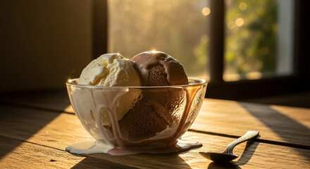 Close-up shot of a glass bowl filled with two scoops of melting ice cream on a wooden surface.